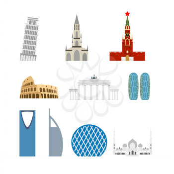 Set landmark Germany, Russia. Attraction of Dubai, Rome. Architecture attraction of different countries and States. Vector illustration of buildings.
