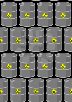 Barrel with biohazard seamless pattern. Gray metal drums on a black background. Vector background toxic waste dump.
