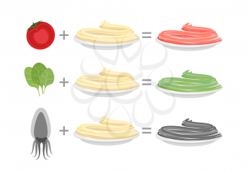 Assorted color pasta. Spaghetti and spinach-green paste. Spaghetti and tomato-red paste. Cuttlefish ink spaghetti and black pasta. Vector illustration of food on a plate.