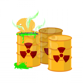 Yellow barrel with a radiation sign. Open container of radioactive waste. Green spilled acid. Vector illustration