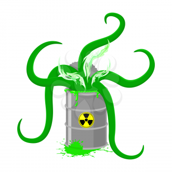 Barrel of Toxic waste and green tentacles. Vector illustration of a Biohazard container. Gray radioactive barrel