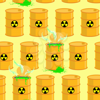 Chemical waste dump. Seamless pattern with barrels of biohazard. Vector background of yellow barrels of green acid.
