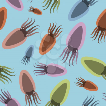 Multicoloured Marine molluscs seamless pattern on a blue background. Vector background of cuttlefish with tentacles.
