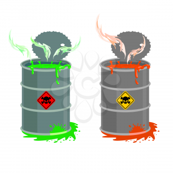 Barrel of toxic waste. Biohazard open container. Grey with red barrel of radioactive liquid. Green acid emerged. Vector illustration