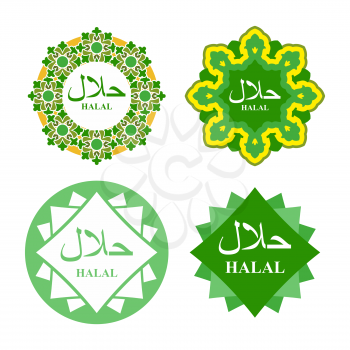 Logo label for  production of HALAL. Set of icons for national products. Islamic element of ornament. Text of in Arabic Halal. Vector illustration.