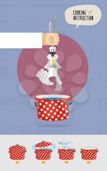 How to cook soup from rabbit fur. Cook's hand holding a rabbit over a saucepan. Vector illustration
