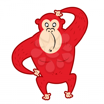 Red surprised monkey scratching his head. Cute Red primacy is symbol of new year on Chinese calendar. Funny Gorilla-wild animal jungle.

