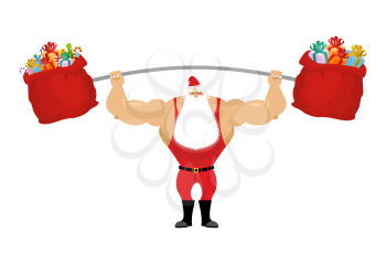 Strong Santa Claus holding barbell and gift bag. Sports for Christmas Santa with beard. Red bag with gifts for aggravation of  rod. Powerful Santa in  red sport suit.
