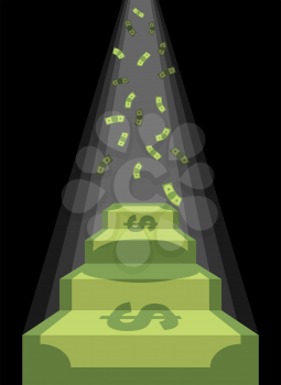 Pedestal out of money. Ladder to wealth of dollars. Rain of cash. Podium illuminated by light. Business illustration metaphor. Achieving wealth and luxury.
