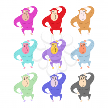 Set of colored monkeys. Funny gorilla. Cute primacy of different colors. Wild animal from jungle.
