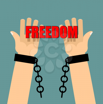 Freedom. Hands in shackles. Broken chain. Broken handcuffs. Palm keep text.
