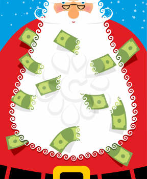 Santa Claus Beard money. Christmas wealth. New years character will bring many dollars. Grandfather with white beard and moustache gives cash. Holiday
congratulations card.