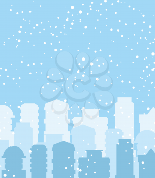 Winter city. Snow falls on building. Sky with snowflakes. Skyscrapers in snow. Background for Christmas congratulations card.