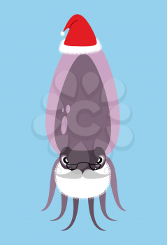 Santa Claus Cuttlefish. Octopus with beard and mustache. Marine animal in  Christmas hat. Underwater inhabitant wishes you  happy new year.
