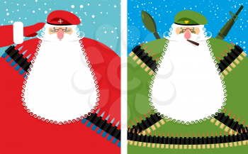 Santa Claus Christmas Defender. Military grandfather with beard and moustache in protective clothing. New year soldier in green beret. Military equipment: automatic and machine-gun belt, ammunition be