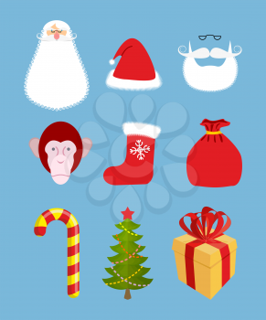 Christmas icons set. Characters: Christmas and new year gift. Santa Claus and  monkey. Peppermint lollipop and bag with gifts.
