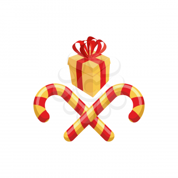 Gift and Christmas Lollipop. Logo for Christmas. Sign up for new year. Holiday emblem from gift box and stick candy.
