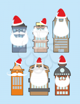 Set of buildings with beard and mustache Santa Claus. Decorating homes for Christmas. Festive attire for skyscrapers.
