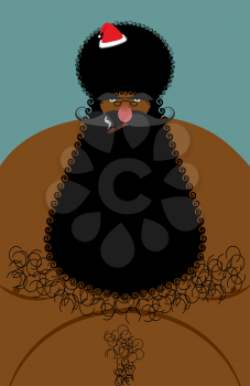 Santa Claus american african naked. Naked old Christmas character with a hairy chest. Large black beard and winter hat Afro man. Lol Congrats greeting card holiday.
