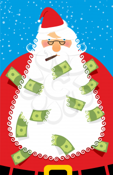 Rich Santa Claus. Many money in his beard. Santa brought Us dollars as  gift for good of people. Adult gifts for Christmas and new year. Grandfather stands under  snow.
