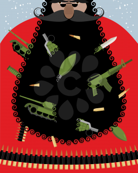 Villain Santa Claus. Grandfather of terrorist with gift. Weapons in beard: grenades and bullets. Knives and bombs. Tank and machine gun cartridge. Blue background with snowfall. Thug with weapon. Old 