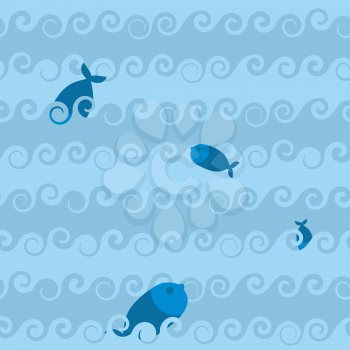 Sea seamless pattern. Fish in waves. Texture of marine life. Blue Ocean with sea animals.
