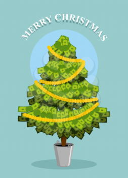 Merry Christmas. MoneyTree. Greeting card with financial well- being. Dollars grow on tree.
