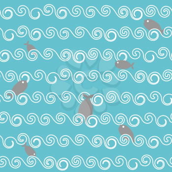 Fish waves seamless pattern. Sea dwellers dive in sea. Ocean with fish. Storm at sea. Grey fish and blue water. Texture for baby tissue.