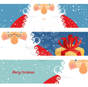 Set of cards Santa Claus. Jolly good Christmas grandfather with beard. Old man in glasses and Red clothes. New year flyer.
