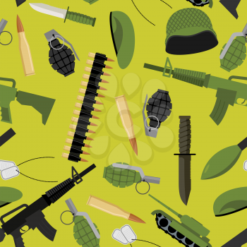 Military seamless pattern. Army background objects. Weapons and ammunition texture. Tank and automatic. Hand grenade and soldiers badge. Military protective helmet and green beret. Army knife and ammu
