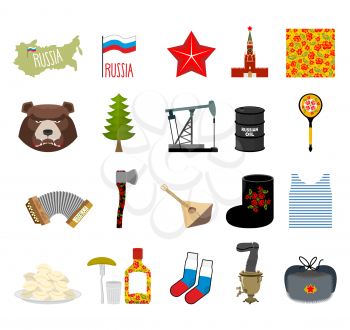 Russia set icons. Traditional objects of  country. Russian national clothes. Association with  country. Moscow Kremlin and  Russian bear. Map States and oil. Wooden spoon and vodka.
