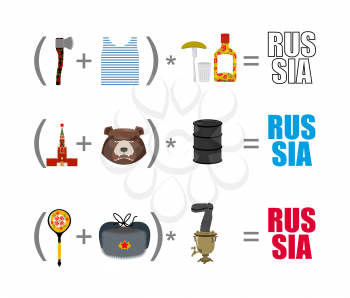 Russia mathematician. Mathematical Formula of Russian life. Traditional objects of country. Axe and vest. Moscow Kremlin and  bear. Wooden spoon and Ushanka. National algebra.