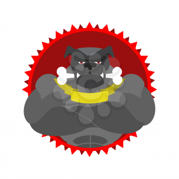 Angry dog Round emblem. Large Bulldog bodybuilder with bone. Vector logo pet with big muscles. Logo for the Sports Club.
