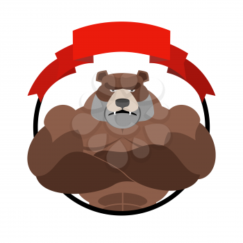 Angry bear athlete Round emblem. Large wild animal. Vector logo animal with big muscles. Logo for  sports club team
