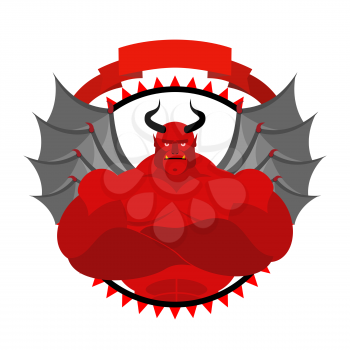 Dreaded, Scary Satan logo for a sports team or sports club. Red demon with large muscles. Vector emblem
