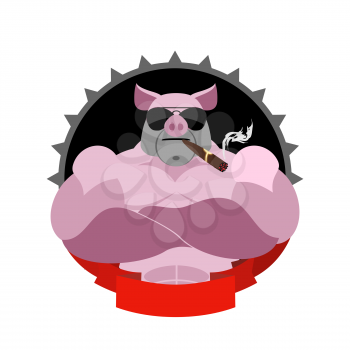 Strong pig in glasses and with a cigar. Logo for Sports Club. Farm animal with big muscles. Wild boar logo