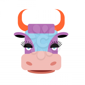 Cute purple cow with big eyelashes. Farm animal with orange horns.
