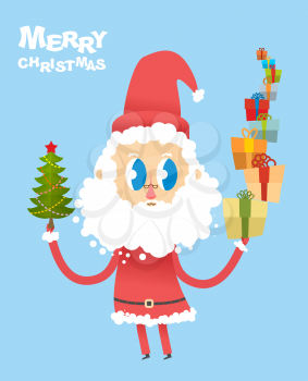 Happy Christmas. Cute Santa Claus holding many gifts and Christmas tree. Card for new year. Good Santa with big eyes. Merry Christmas character with  beard.
