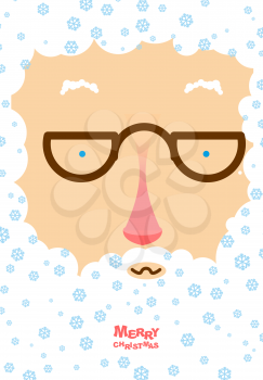 Santa Claus with white beard and blue snowflakes. Congratulations postcard Merry Christmas. Cute Santa with glasses. Good Christmas character.
