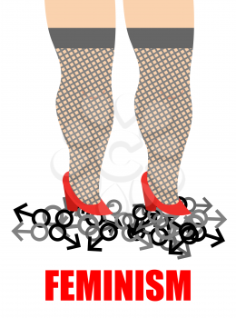 Feminism. Womens feet trampling men sign. Illustration for womens movement,  aim of which is to eliminate discrimination against women.

