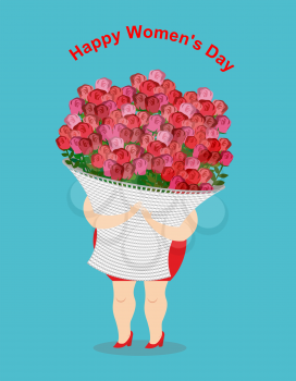 Happy womens day. Girl holds  large basket of flowers. Lots of Fresh red roses. 8 March. Happiness for women big bouquet of flowers for holiday.
