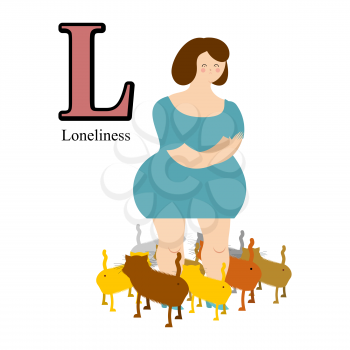 L letter of  alphabet. Loneliness. Sad woman and many cats. Sad people. Pets near lonely mistress.
