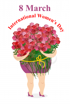 8 March. International womens day. Happy woman holding  large bouquet of roses. Girl and lots of fresh flowers. Character for holiday.
