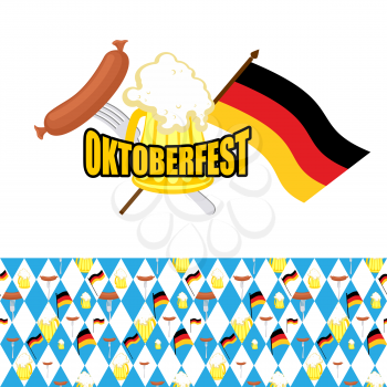 Set for Oktoberfest. Logo and pattern of rhombus. Beer and sausages, flag of Germany.