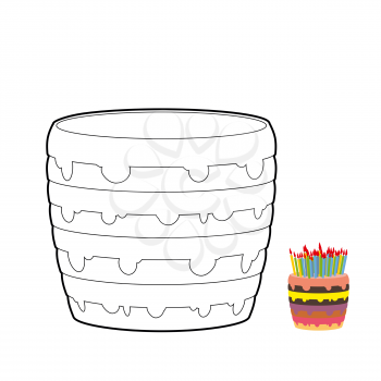 Cake coloring book. Confectionery for birthday. Sweetness for holiday. Multi-layer birthday cake with candles. Colour cream.
