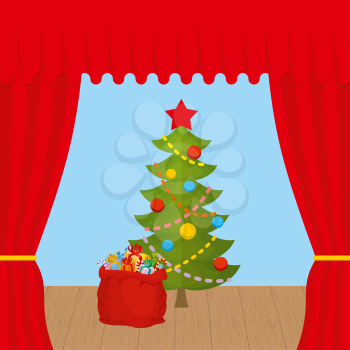 Christmas Scene and red curtain. Holiday scene. Christmas tree and  Santa Claus bag with gifts
