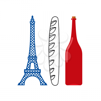 France flag of tourist attractions in ountry:  Eiffel Tower, crisp baguette and bottle of French wine. Emblematic French flag country.