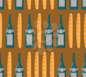 French seamless patern. Baguette and wine. Vector background of national food France
