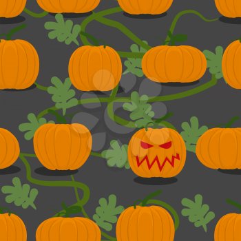 Scary halloween pumpkin among plantation of pumpkins. Pumpkin farm seamless pattern. Vegetable monster with frightening eyes and  mouth. Seamless pattern for Halloween.