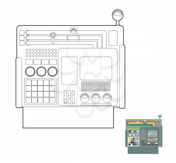 control system. System Center Panel for  production. Industrial Panel. Buttons and screens and sensors. Vector coloring book